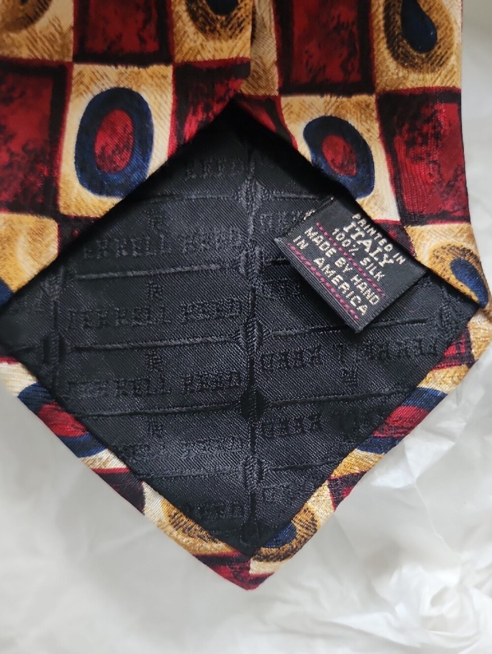 Ferrell Reed Geometric Pattern Necktie in Red, Gold & Navy - Picture 4 of 8